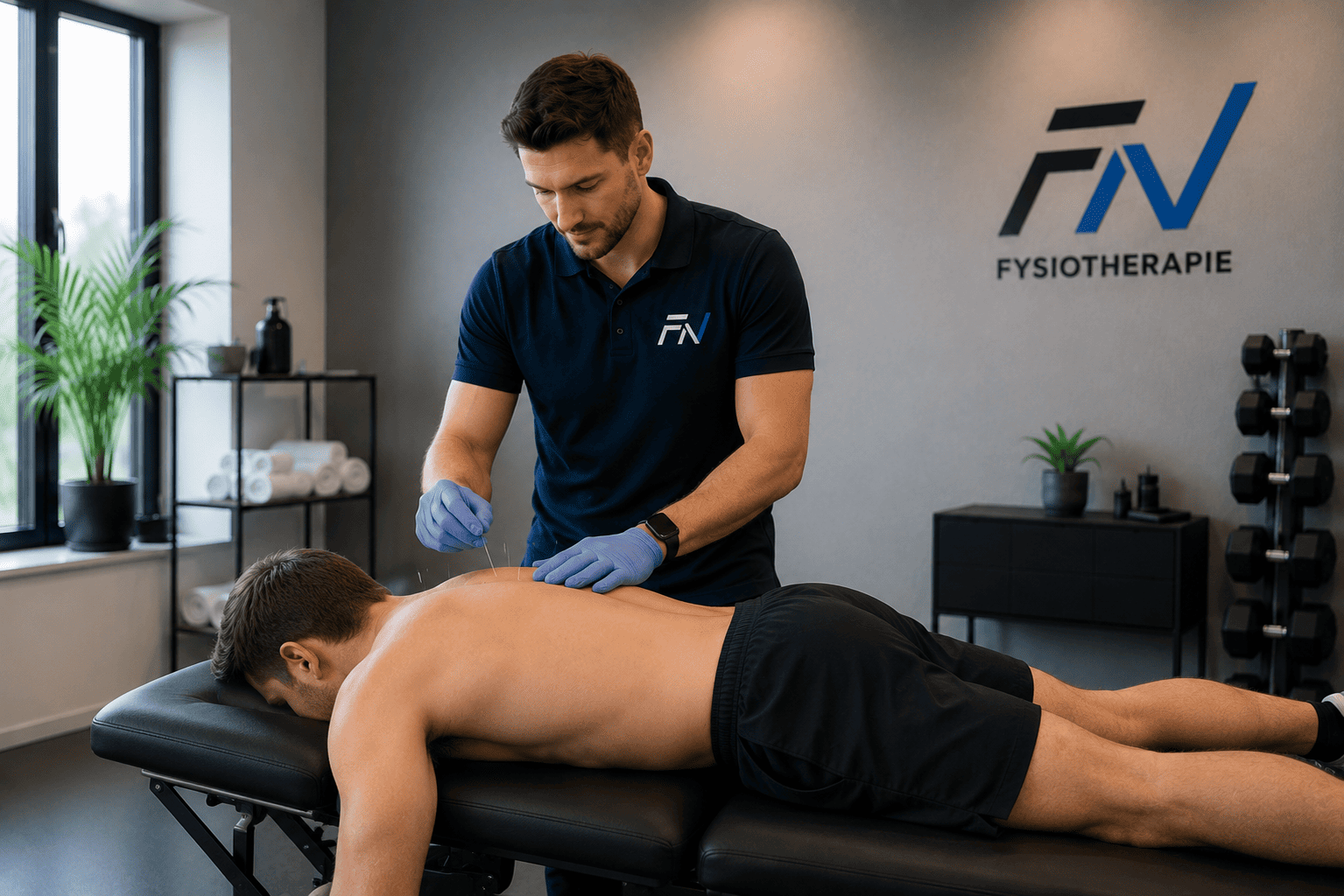 Fysiotherapeut past dry needling toe op de rug van een client