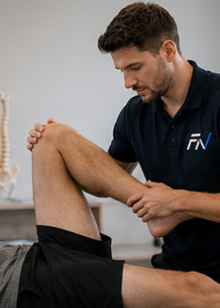 Fysiotherapeut onderzoekt de knie van een client