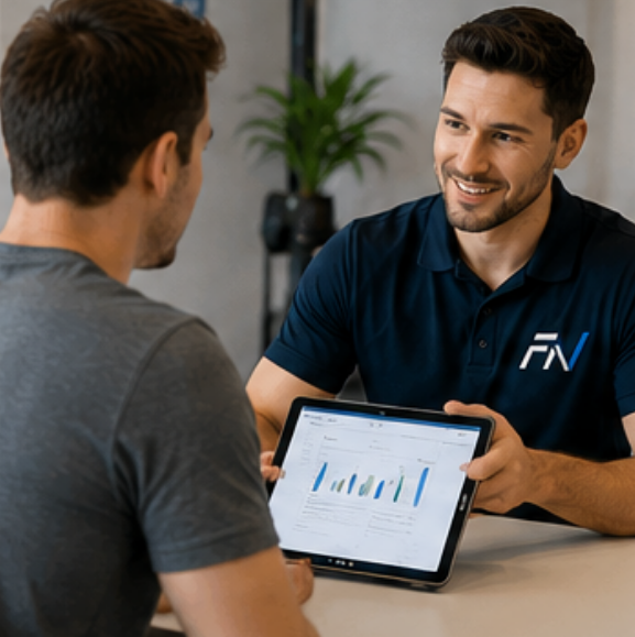Fysiotherapeut bespreekt het behandelplan op een tablet met een client