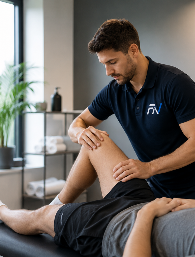 Fysiotherapeut behandelt de knie van een client op de behandeltafel